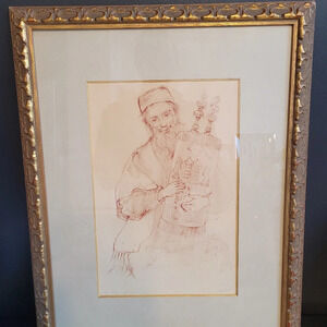 Framed Edna Hibel Rabbi holding Torah Signed lithograph print numbered ed 10/65